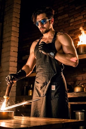  gloves, naked apron, goggles, holding hammer, fire, anvil, spark, photo of a man forging a sword, realistic, masterpiece, intricate details, detailed background, depth of field,