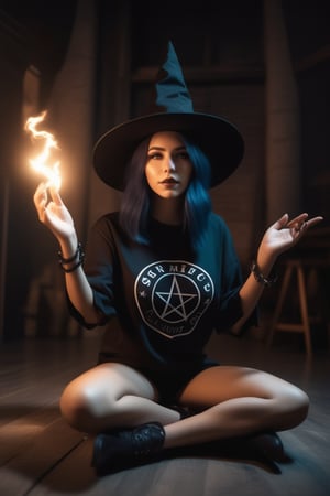 A fine illustration of a (modern witch), 1girl, casual outfit, punk t-shirt, cute, torn legwear, witch hat, kneeling in summoning circle, view from below, solo focus, volumetric lighting