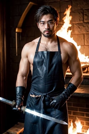  gloves, naked apron, goggles, holding hammer, fire, anvil, photo of a man forging a sword, realistic, masterpiece, intricate details, detailed background, depth of field,