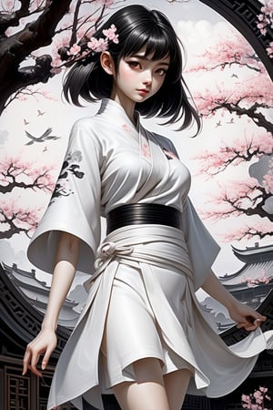 anime girl in full white outfit holding Japanese tshirt and wearing black skirt, in the style of traditional chinese painting, romantic fantasy, oil paintings, dark bronze and gray, cherry blossoms, serene faces, photo-realistic techniques
Negative prompt: painting, drawing, illustration, glitch, deformed, mutated, cross-eyed, ugly, disfigured,