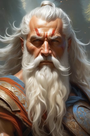 painted portrait of rugged odin, god of war, nordic god, white hair, masculine, mature, handsome, upper body, grey and silver, muscular, hairy torso, fantasy, intricate, muscular, elegant, highly detailed, digital painting, artstation, concept art, smooth, sharp focus, illustration, art by gaston bussiere and alphonse mucha