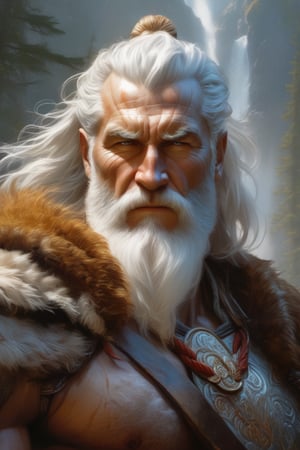 painted portrait of rugged odin, god of war, nordic god, white hair, masculine, mature, handsome, upper body, grey and silver, muscular, hairy torso, fantasy, intricate, muscular, elegant, highly detailed, digital painting, artstation, concept art, smooth, sharp focus, illustration, art by gaston bussiere and alphonse mucha