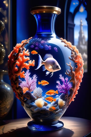 (masterpiece,best quality, ultra realistic,32k,RAW photo,detailed skin, 8k uhd, high quality:1.2), cinematic photo bottle vase of coral under the sea and in the sky decorated with a dense field of stylized scrolls that have opaque outlines enclosing mottled blue washes, with orange shells and purple fishes, Ambrosius Benson, oil on canvas, hyperrealism, around the edges there are no objects . 35mm photograph, film, bokeh, professional, 4k, highly detailed