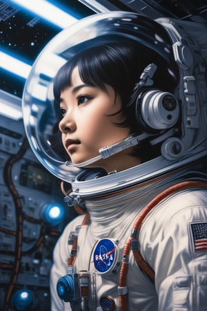 (masterpiece,best quality, ultra realistic, RAW photo), hyperrealistic art portrait of a young astronaut girl floating inside a spacestation,ink stippling, Karolis Strautniekas,omoide emanon, tsuruta kenji, murata range,kawaii, kyoto animation, manga, intricate, detailed, studio lighting, gradation,editorial illustration, matte print, Ilya Kuvshinov . extremely high-resolution details, photographic, realism pushed to extreme, fine texture, incredibly lifelike