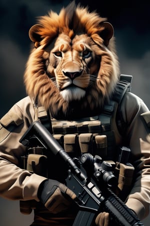 Battle-scarred angry lion army wearing black ops uniform, holding carbine rifle, anthropomorphic, super detail, ultra hd, 8k, real life, maximum facial detail, cinematic lighting