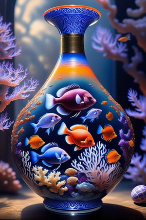 (masterpiece,best quality, ultra realistic,32k,RAW photo,detailed skin, 8k uhd, high quality:1.2), cinematic photo bottle vase of coral under the sea and in the sky decorated with a dense field of stylized scrolls that have opaque outlines enclosing mottled blue washes, with orange shells and purple fishes, Ambrosius Benson, oil on canvas, hyperrealism, around the edges there are no objects . 35mm photograph, film, bokeh, professional, 4k, highly detailed