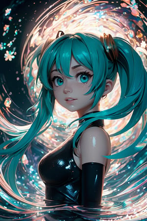(masterpiece, best quality, highres, anime, pixiv), (1girl, solo, hatsune miku, in an abstract water, looking at viewer), (romanticized, bloom, swirling lights, light particles, detailed, 8k)