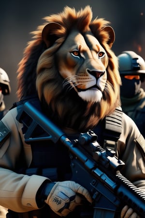 Battle-scarred angry lion army wearing black ops uniform, holding carbine rifle, anthropomorphic, super detail, ultra hd, 8k, real life, maximum facial detail, cinematic lighting