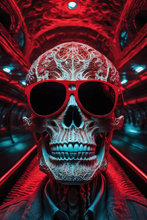 Midjourney style of detailed and intricate skull wearing red sunglasses| full human skeleton| riding horse through space| stunning environment| volumetric lighting| vibrant