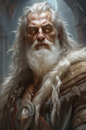 painted portrait of rugged odin, god of war, nordic god, white hair, masculine, mature, handsome, upper body, grey and silver, muscular, hairy torso, fantasy, intricate, muscular, elegant, highly detailed, digital painting, artstation, concept art, smooth, sharp focus, illustration, art by gaston bussiere and alphonse mucha