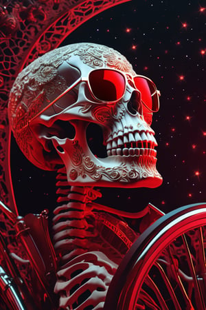Midjourney style of detailed and intricate skull wearing red sunglasses| full human skeleton| riding horse through space| stunning environment| volumetric lighting| vibrant