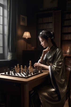 (masterpiece,best quality, ultra realistic,32k,RAW photo,detailed skin, 8k uhd, high quality:1.2), \Lilia (Mushoku Tensei)\, Playing chess, hyperrealistic art magic universe wind coming out of a computer screen, mystical shootingstars, artstation, James Gurney . extremely high-resolution details, photographic, realism pushed to extreme, fine texture, incredibly lifelike