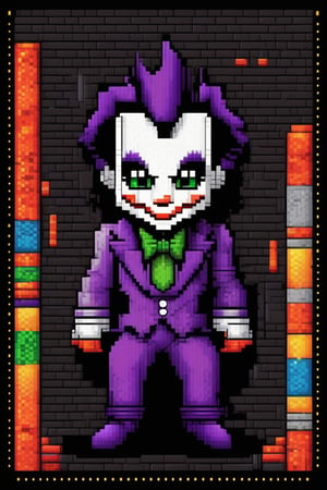 (masterpiece,best quality, ultra realistic, RAW photo), retro arcade style Cute chibi pixel art of the joker . 8-bit, pixelated, vibrant, classic video game, old school gaming, reminiscent of 80s and 90s arcade games