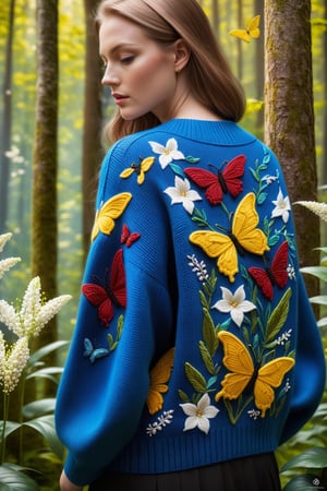 knitted cardigan: woolen with blue, white, yellow, green, red threads with voluminous embroidery:: summer forest, or, butterflies, lilies of the valley, bees, deep color, pattern, leaves, Balenciaga, Watercolor, trending on artstation, sharp focus, studio photo, intricate details, highly detailed, by greg rutkowski