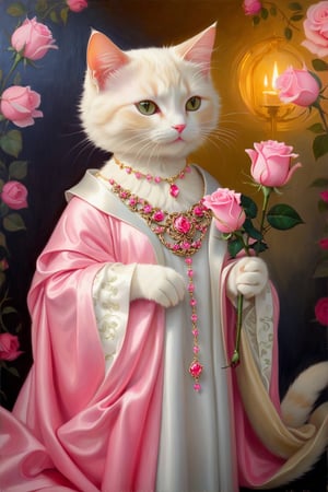 royal cat holding pink rose,clad in opulent robe,moonshine necklace,Little love around,floral sheet music background
Oil painting inspired by the style of Silke Leffler, Lisbeth Zwerger, Rebecca Dautremer, and  sandro nardini,
sharp focus, emotive brushstrokes,
strong chiaroscuro for heightened contrast between light and shadows,
creating a tangible sense of depth and perspective, realistic drawings,