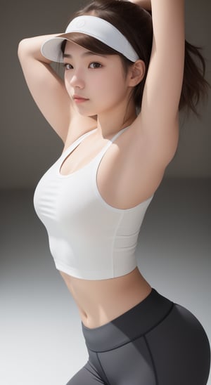 Portrait of an 18 year old girl ,Pure white skin color,Brown hair, Full and round face, Well-proportioned body, The skin is smooth and round, without muscle texture,wearing lululemon yoga clothes, Sexy yoga pants, sneakers and visor,Upper body portrait,Dark back ground,surreal style, highly detailed, in sharp focus under studio lights, in 4K resolution rendering.
