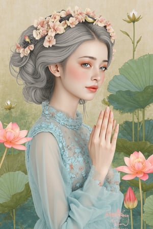 Watercolor and ink. Imagine a hyper-realistic aristocratic young woman with sky-blue eyes and barely noticeable freckles on her cheeks. Her expression is serene yet slightly melancholy as she gazes tenderly to her right. She has voluminous, curly light gray hair, adorned with a wreath of delicate pink flowers, including lotus blossoms, that cascade around her head. The girl wears a translucent pastel blue lace dress with intricate floral patterns and puff sleeves made of sheer fabric. Her hands are folded in a namaste pose. Around her are several peach-colored lotus flowers in various stages of bloom, their petals vividly rendered with fine details such as protruding stamens and layered petals. Large green leaves and delicate intertwined vines form a natural backdrop, creating a dreamlike forest setting. The background is done in soft beige tones that smoothly transition into the foliage, enhancing the surreal atmosphere. The lighting is soft and diffused, casting soft shadows and high