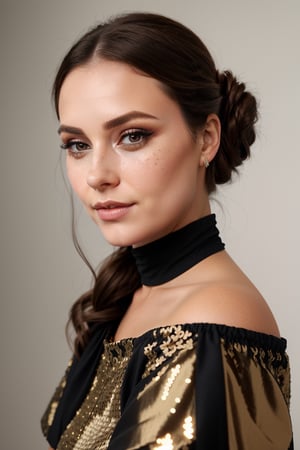 An image of a woman offering a sophisticated over-the-shoulder look towards the viewer. Her body is turned to the side, and she turns her head to make eye contact with the camera. Her left hand touches her cheek, with her thumb resting on her chin. Her hair is styled in an updo with soft tendrils by her face. She has freckles across her nose and cheeks, and her makeup highlights her eyes and lips subtly. She wears a dark off-the-shoulder dress with sequined accents on the neckline and sleeves.