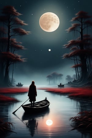 linquivera, Ink illustration, (anime:0.5), brown tones, aged black red paper, inkpunk, moonlight,surreal, a human ghost standing on a boat in swampy wetlands, (at a distance), ((ethereal ghost)), Will-o'-the-wisp, moonlit, lonely, solitude, windy, tall trees, willows, willowy, OverallDetail, extremely detailed, UHD,(long exposure , dystopian but extremely beautiful:1.4),  bosstyle    , , letitflrsh,    ,   ,mkitdecy,  GWMDetail  scifi, zPDXL ,,,,,,