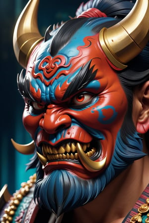 a nightmarish appearance of the evil ((mask) ), Japanese Oni culture , portrait view, highly detailed, 8k, Hyperrealistic, splash art, concept art, mid shot, intricately detailed, color depth, dramatic, 2/3 face angle, side light, colorful background. vibrant, Masterpiece, (32k), perfect anatomy, enhanced resolution, best quality, enhanced details, best artist, sharp edges, detailed textures, ((full body shot)), atmospheric lighting, visually stunning, perfect composition, trending on behance
