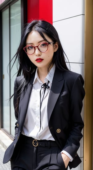 Moa Kikuchi, crimson lips, long black messy hair, pale skins, small glasses, wears sexy and contemporary outfits, with a mix of tailored clothes,