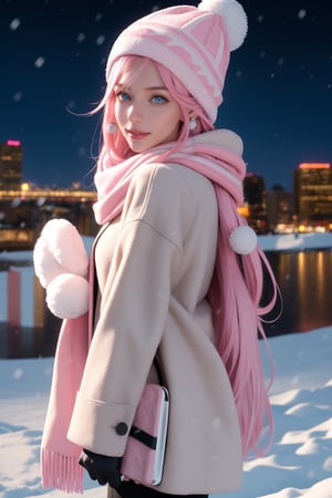 1girl, solo, long hair, breasts, looking at viewer, smile, blue eyes, gloves, hat, holding, jewelry, closed mouth, standing, pink hair, cowboy shot, earrings, outdoors, white gloves, scarf, sweater, lips, coat, night, white headwear, building, box, pom pom \(clothes\), snow, gift, snowing, city, realistic, beanie, gift box, winter clothes, holding gift, winter, pink scarf, incoming gift,huge ass