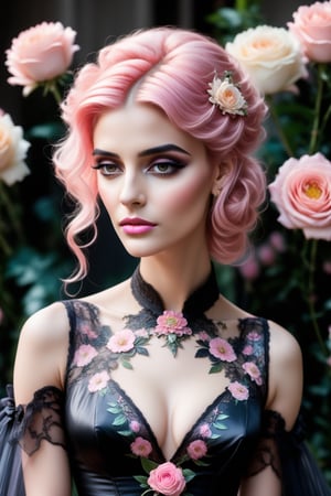 Styled by Howard Chandler Christy, Faiza Magni, Henry Justice Ford, Jessica Durrant, doom and gloom beautiful girl, pastel pink hair up, gray eyes, wearing a gothic black dress, beautiful, detailed floral background.