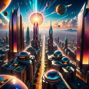 Hyperrealistic, Hyperdetailed, Realism Photo of a futuristic city, (Brilliant light), cinematic lighting, nebula, planets, shiny sunrays, cinematic, 8K, hyperdetailed, photo-realistic, 50mm lens, f/2.8, natural lighting, HDR, Kodak Ektar, macro lens, sharp focus, photo-realistic, 50mm lens, f/2.8, natural lighting, HDR