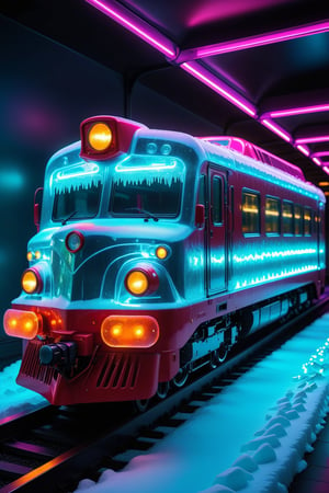 a full-body shot of a ice(train)sculpture surrounded with florescent glowing lights. vibrant, Masterpiece, (32k), perfect anatomy, enhanced resolution, best quality, enhanced details, best artist, sharp edges, detailed textures, ((full body shot)), atmospheric lighting, visually stunning, perfect composition, trending on behance