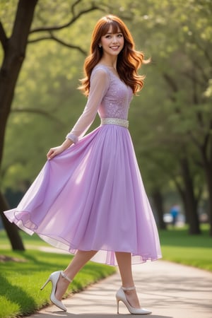 Lady-.  Pretty lilac floaty organza cocktail dress. long wavy auburn hair with bangs. knee length full circle skirt. full length sheer sleeves. white heels. side view. smiling. show feet. walking in a springtime park. Femininity. High quality, high resolution, high detail, soft light and shadows. (Masterpiece:1.5), (best quality:5)