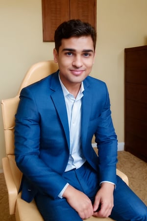 1boy, looking at viewer, blue eyes, 6yo, two piece suit, silky smooth hair, Taper Fade hair style, medium hair,cute smile, sitting, chair,