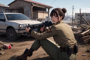 1girl, breasts, looking at viewer, short hair, bangs, brown hair, black hair, long sleeves, holding, sitting, closed mouth, jacket, weapon, outdoors, multiple boys, solo focus, belt, looking back, pants, hair bun, holding weapon, uniform, gun, military, blood, military uniform, arm support, single hair bun, building, holding gun, rifle, handgun, pouch, brown jacket, blood on face, assault rifle, holster, blood on clothes, brown pants, ruins, death, soldier, corpse