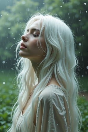 A woman with long, flowing white hair, her eyes closed in a moment of peace, is double-exposed with a secret garden in the rain. The garden is lush with greenery, and delicate raindrops create a soft, shimmering effect. The monochromatic tones and soft gradients give the image a serene and almost magical quality, with the raindrops subtly blending into the woman's hair,in the style of BSstyle004