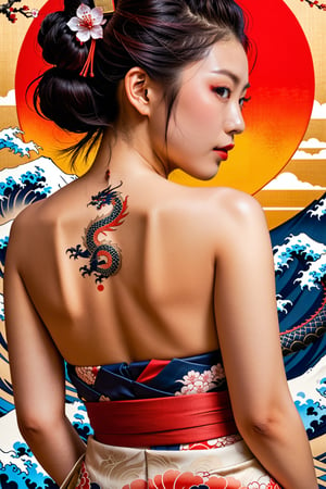Super detailed masterpiece 8k, girl, (beautiful face)++ A girl shows off her entire back with superb Japanese ukiyo-e tattoosYakuza style dragon Mount Fuji that fill the entire back. , the sakura geisha kamikaze red sun wave is simply a piece of art. Pin close up on her back contrasting with the beautiful lines of the girl in the background of a simple Japanese style
