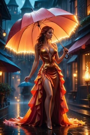 An enchanting figure made of enchanted flames stands holding a magnificent umbrella made of cascading raindrops that resemble sparkling diamonds. This image is a breathtaking painting that captures the magical scene with vivid detail. The flames flicker with a mesmerizing glow, casting a warm and inviting light. The umbrella appears to shimmer and glisten as the raindrops fall gracefully, creating a sense of wonder and enchantment. The overall composition is spellbinding, showcasing a perfect harmony between fire and water elements. photorealism fantasy, unreal engine 5, concept, in the style of Dan Mumford, vibrant, Masterpiece, (32k), perfect anatomy, enhanced resolution, best quality, enhanced details, best artist, sharp edges, detailed textures, ((full body shot)), atmospheric lighting, visually stunning, perfect composition, trending on behance