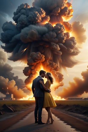 A couple embracing eachother dissolving into dust. BREAK, nuclear explosion in background, vibrant, photo realism, Masterpiece, (8k), (32k), UHD, highest-quality, intricate details, highly detailed, best artist, immaculate micro-details, sharp edges, detailed textures, full body shot, full body cinematic, atmospheric lighting, visually stunning, perfect composition, trending on artstation, ral-dissolve
