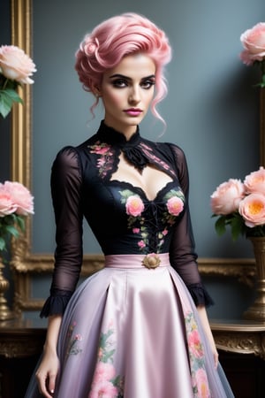 Styled by Howard Chandler Christy, Faiza Magni, Henry Justice Ford, Jessica Durrant, doom and gloom beautiful girl, pastel pink hair up, gray eyes, wearing a gothic black dress, beautiful, detailed floral background.