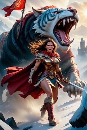 strong and powerful dungeons and dragons epic movie poster barbarian woman with cape charging into battle violent roar riding a vicious ice [wolf|tiger] beast leather and fur boots warriors and red banners (windy dust debris storm:1.1) volumetric lighting fog depth mist pass z pass great stone castle very bright morning sunlight from side