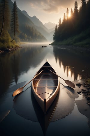 A canoe of rivers of paper and ash with singed edges. (Masterpiece:1.2), 8K, perfect symmetry, UHD, ultra resolution, best quality, best details, best artist, sharp edges, detailed textures, full view, atmospheric lighting, visually stunning, perfect composition, trending on behance