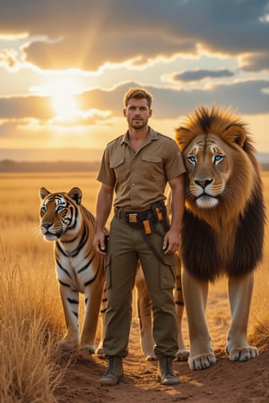 imagine the following scene

On the African plain, a beautiful plain, during the day. An inclement sun.

In the center of the image, a beautiful man stands next to a large lion to his right and a tiger to his left.

The lion and tiger are beautiful, very detailed.

The man is Latino, blonde hair, very muscular, very large and bright blue eyes, long eyelashes, full and pink lips.

The man wears an explorer's uniform. Wear leather sandals.

The shot is wide to see the details of the scene.