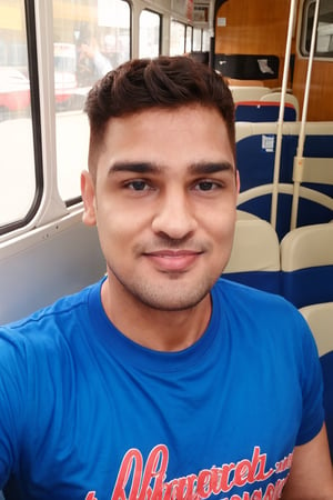 1boy, masterpiece, handsome, looking at viewer, blue eyes, 30yo, t-shirt, silky smooth hair, Taper Fade hair style, medium hair,cute smile random pose, in bus