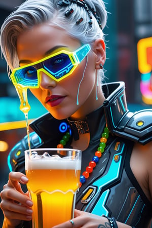 Hyperrealistic, close-up portrait of a radiant gray-haired cyberpunk girl, clad in futuristic attire and emblazoned with neon accents, holding a beaded iced glass of beer that drips onto a sizzling summer asscrain, surrounded by a whirlwind of detailed, suspended pizza slices, creating a dynamic and complex visual narrative.