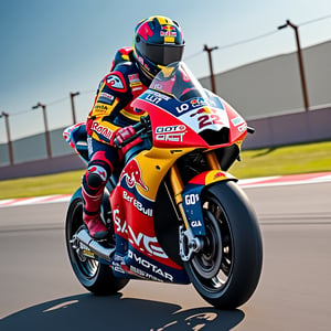 a moto gp girl riding red bull motor bike in high speed on racing track