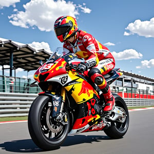 a moto gp girl riding red bull motor bike in high speed on racing track