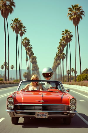 This is a 35mm vintage kodak photography of a gorgeous sixtys scene:  one woman and one big robot are sitting together in a red 60´s cabriolet driving through the famous highway of Los Angeles surrounded by high palms, The Woman is driving the car, the Robot is passenger. Front View, looking at viewer. The car is driving straight on the highway.