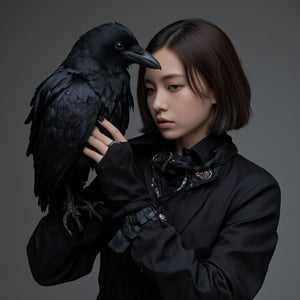 a girl holding a large black raven close to her face, eerie and mysterious, in the style of BSstyle004