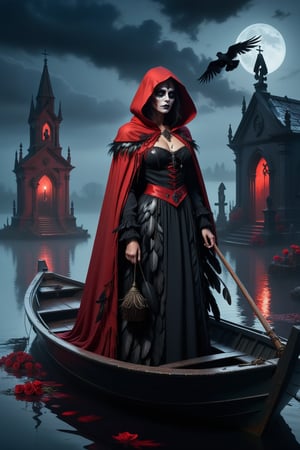 Female demon ferryman wearing a cloak of black feathers on a small boat in red water towards a small horrorful graveyard and a timeworn dark chapel in the night, mournful and requiem, lights in water, smoke and fog, dramatic sky and moonlight, withering flowers and skulls, masterpiece, , trending on artstation, sharp focus, studio photo, intricate details, highly detailed, by greg rutkowski. vibrant, Masterpiece, (32k), perfect anatomy, enhanced resolution, best quality, enhanced details, best artist, sharp edges, detailed textures, ((full body shot)), atmospheric lighting, visually stunning, perfect composition, trending on behance