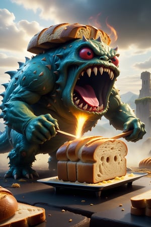 Fantasy-based realistic scene where the toaster monster and the bread monster engage in a fierce duel. The toaster monster, with its gleaming metal body, attempts to engulf the bread monster with its heated embrace. The bread monster, with its flaky armor and doughy strength, resists valiantly. The battleground is a surreal landscape with floating debris, misty horizons, and intense lighting, reminiscent of high-budget fantasy movies. vibrant, Masterpiece, (32k:1.0), perfect anatomy, enhanced resolution, best quality, enhanced details, best artist, sharp edges, detailed textures, ((full body shot)), atmospheric lighting, visually stunning, perfect composition, trending on behance