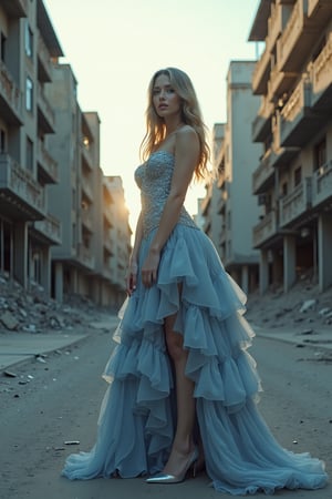 Amaz1ng_Wallpap3r,A cinematic photo of a stunning model dressed in light blue with open shoes, luxury dress, in the style of multi-layered textures, ornamental details, gothic core, highly detailed, photorealism, attractive and gorgeous beauty, while standing dominantly and confidently in a desolate place. , dark post-apocalyptic cityscape, capturing the stark juxtaposition of beauty and decay, with the model's perfect skin shining like a beacon of hope amidst the devastated cityscape. Photographed with a focused depth of field to blur the gloomy surroundings, emphasizing her striking, rebellious pose. full body, golden hour.