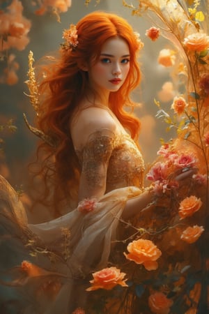 Create a whimsical illustration of a fairy with flowing red hair, wearing an elegant golden gown adorned with floral patterns. She stands amidst vibrant blooming roses, her delicate wings resembling leaves. The setting is serene, highlighting her peaceful expression. Focus on capturing the intricate details of her outfit and the grace of her movements, evoking a magical, enchanting atmosphere.